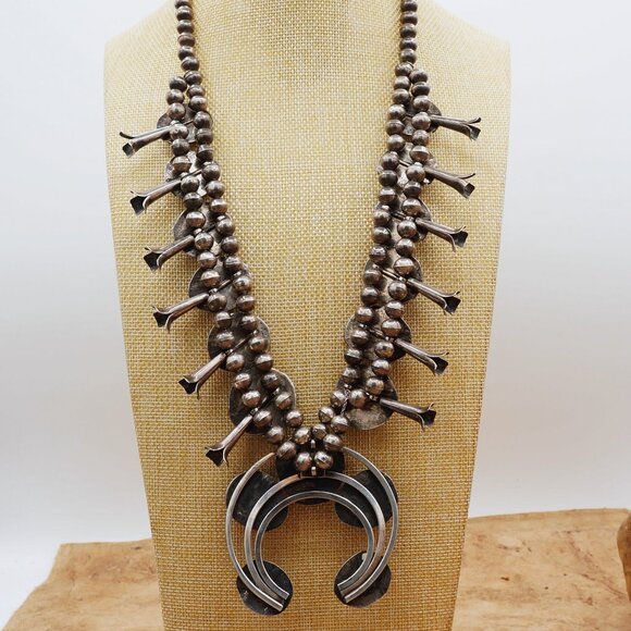 Unique Vintage Native Navajo Turquoise Squash Blossom Ornate Silver Necklace 27" - Picture 6 of 13